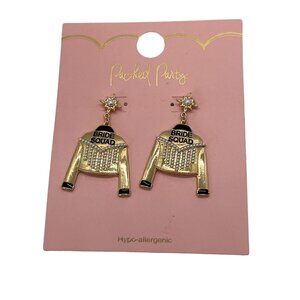 Packed Party Dangle Earrings Bride Squad Gold Tone Black Enamel Faux Pearls NEW